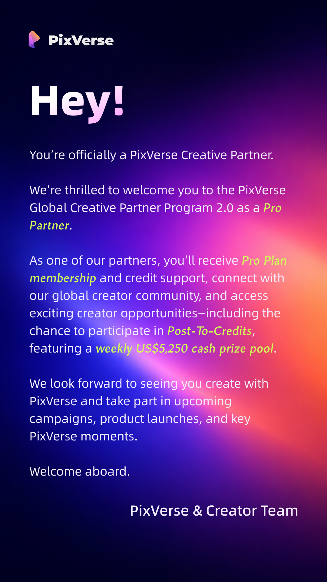 PixVerse Global Creative Partner Program 2.0 Pro Partner認定ポスター